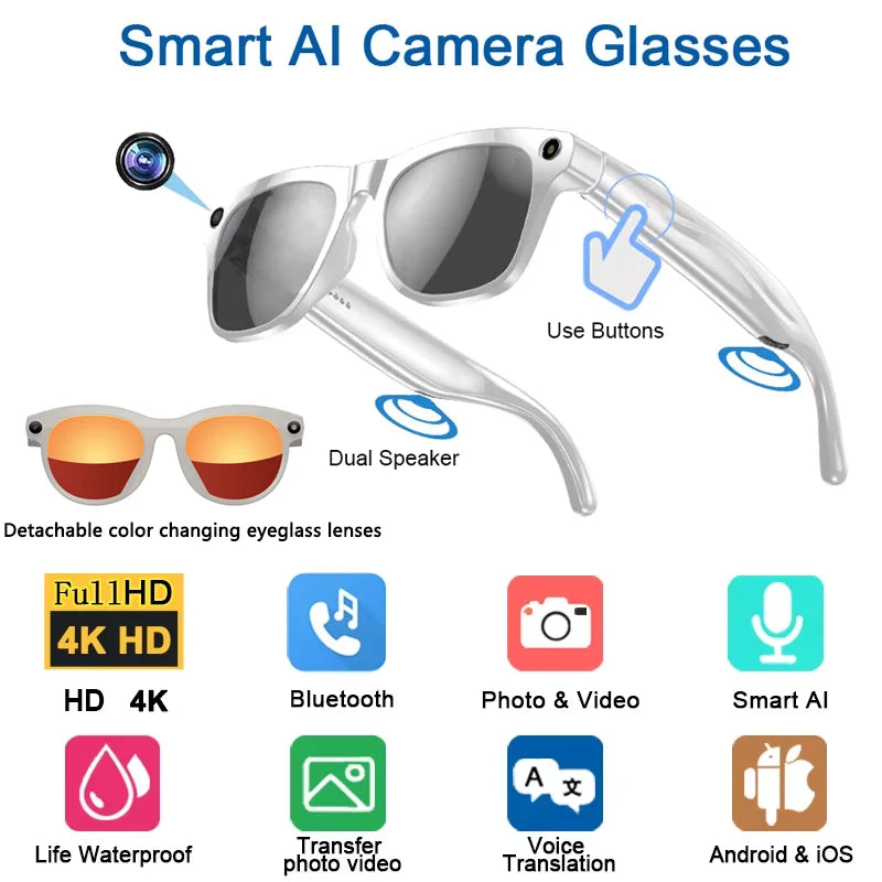4K HD AI Smart Glasses Men 800W Pixel Camera Bluetooth Call 4GB WIFI Transmission Voice Assistant Smart Glasses 2026 New