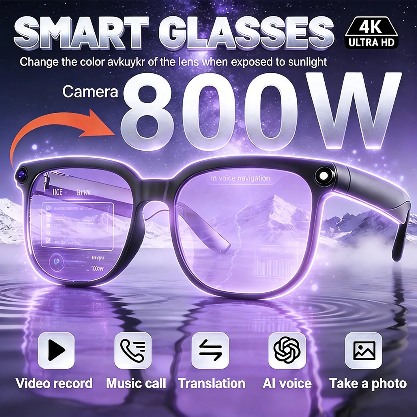 4K HD AI Smart Glasses Men 800W Pixel Camera Bluetooth Call 4GB WIFI Transmission Voice Assistant Smart Glasses 2026 New